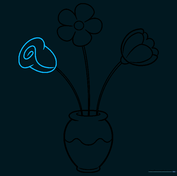 Drawing a rose bud with a spiral detail in the center.