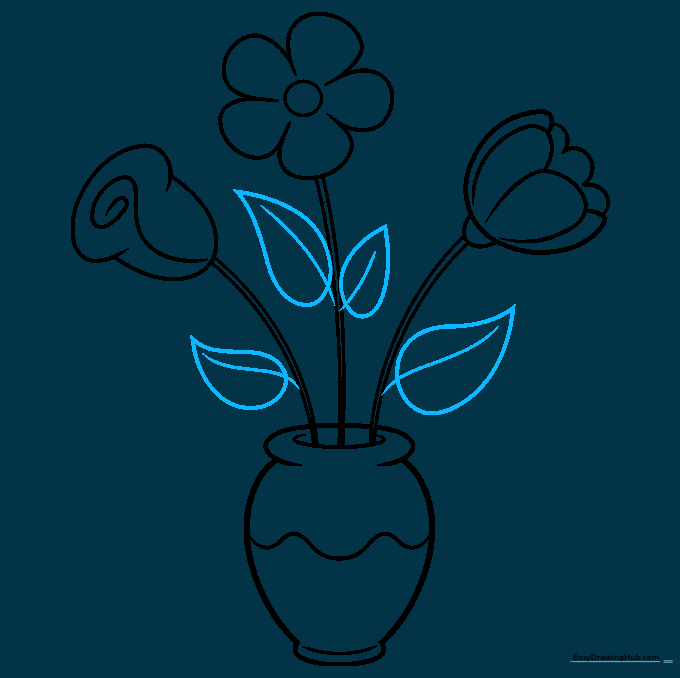 Adding leaves to the flower stems using pointed, curved shapes.