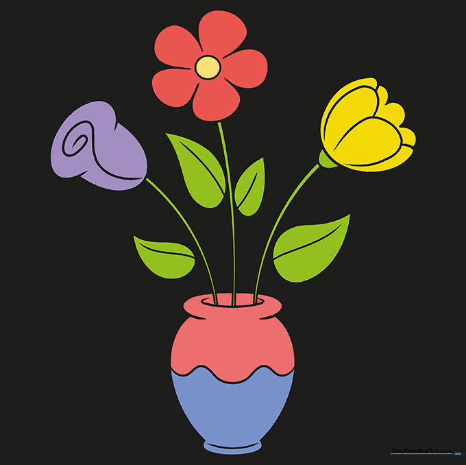The completed flower drawing, fully colored with vibrant shades.
