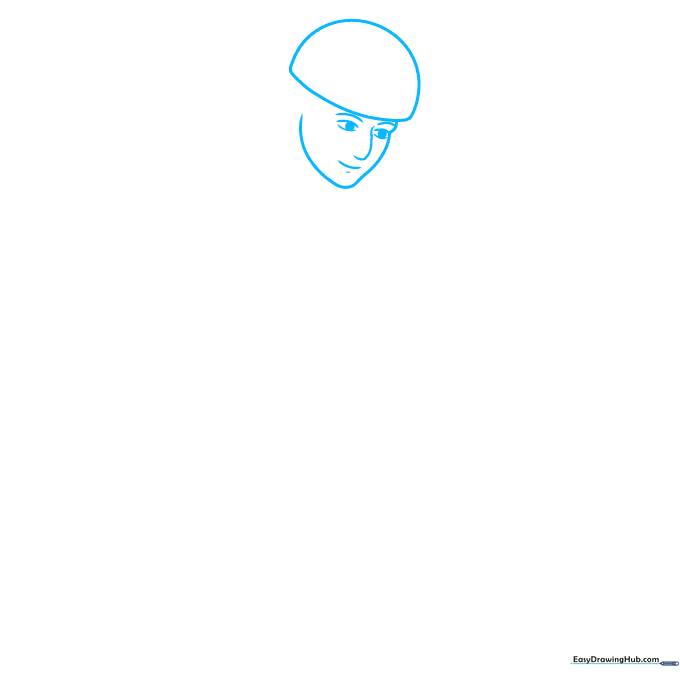 Pencil sketch of a skateboarder's head showing eyes, nose, and helmet dome.