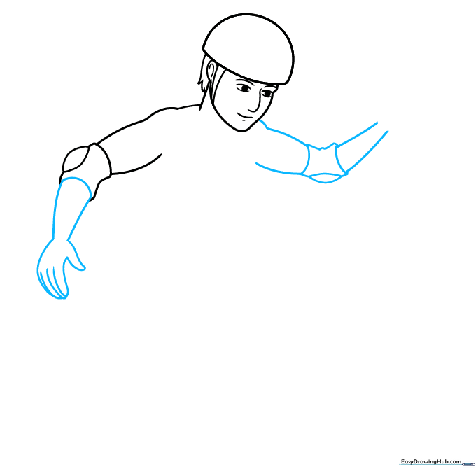 Detailing the arms, fingers, and elbow pads of the skater.