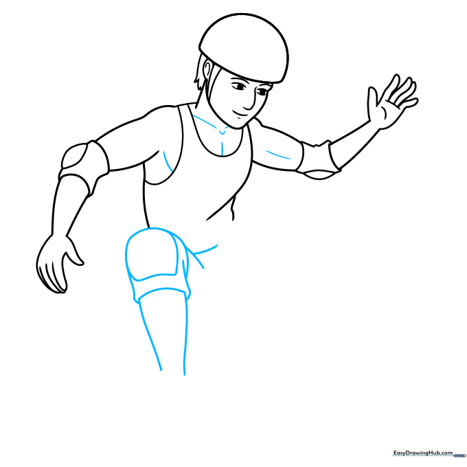 Drawing the legs and knee pads with protective gear details.