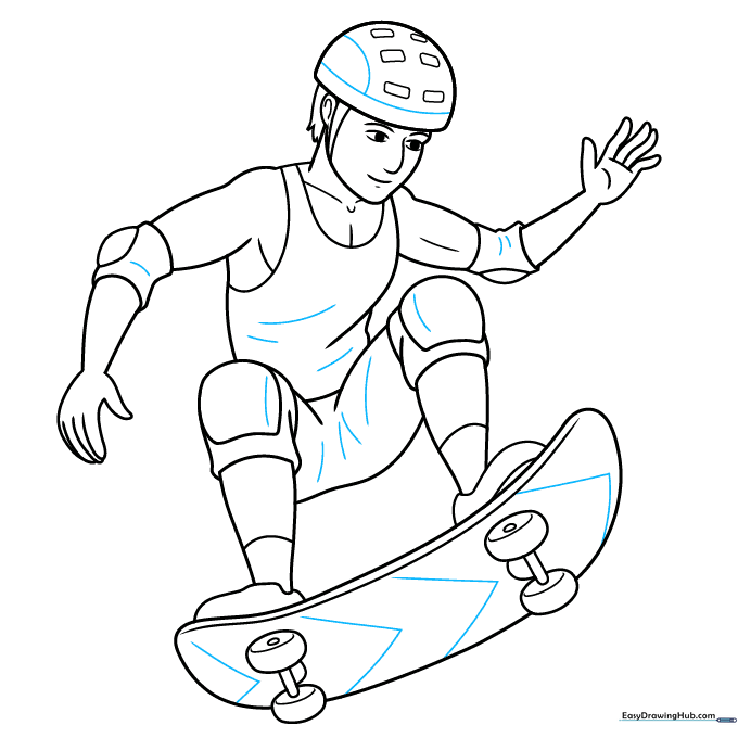 Final ink outline of the skateboarder drawing.