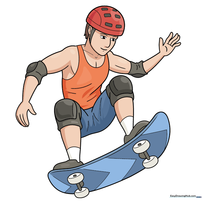 Fully colored skateboarder drawing with vibrant clothing and gear.