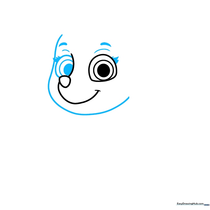 Pencil drawing of Skye's face outline, showing the addition of expressive eyebrows and eyelashes.