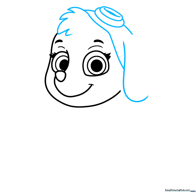 Drawing of Skye's head featuring the addition of her aviator goggles and a fluffy tuft of hair.