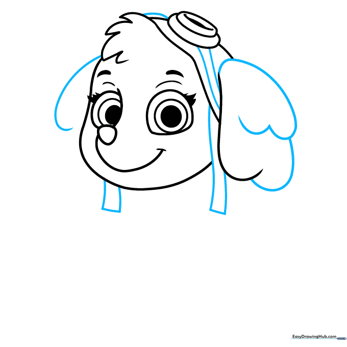 Pencil sketch showing the completion of Skye's aviator goggles and both ears.