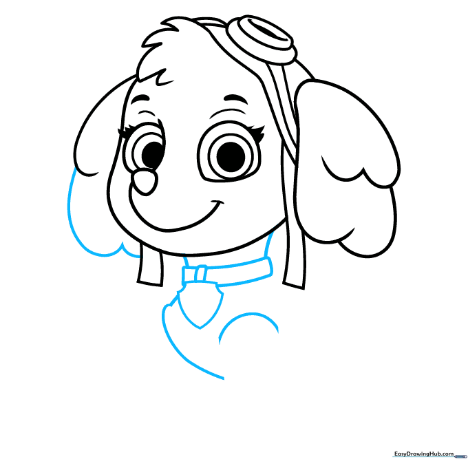 Drawing of Skye's upper body, showing the collar, pup tag, and the start of her vest.