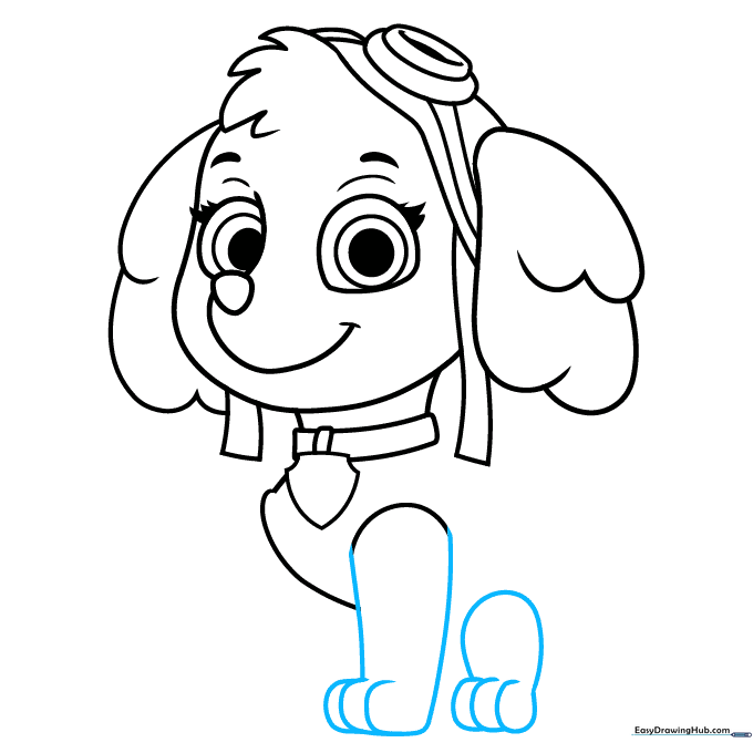 Pencil sketch showing the outline of Skye's front and back legs.