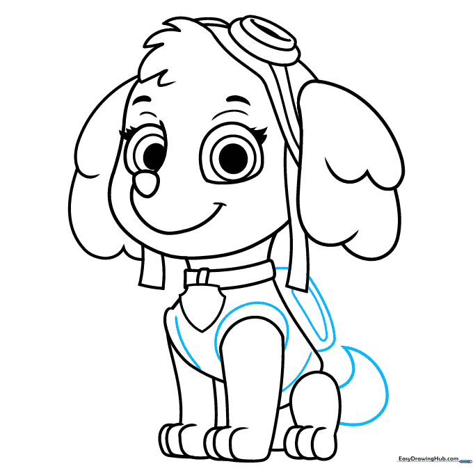 Pencil sketch showing the addition of Skye's tail and her signature Pup Pack.