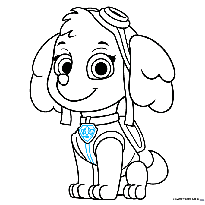 Pencil sketch showing the final details on Skye's pup tag, including the propeller logo.