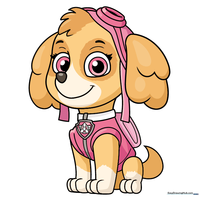 The final colored drawing of Skye from PAW Patrol, showing her brown fur and pink aviator gear.