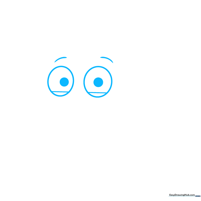 Close-up of Smarty Pants' eyes being drawn with two large circles and pupils.