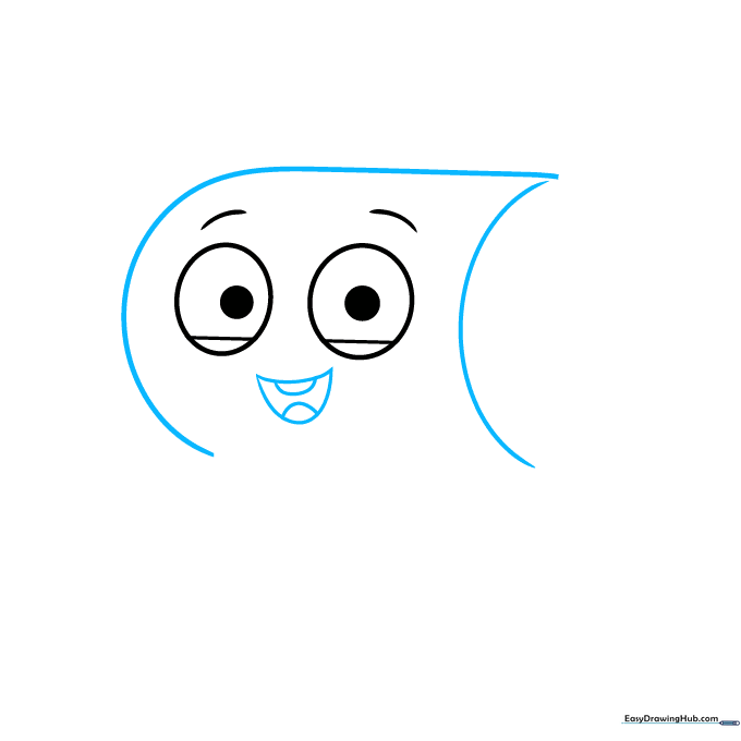 Drawing the rectangular head shape and a wide, happy mouth for Smarty Pants.