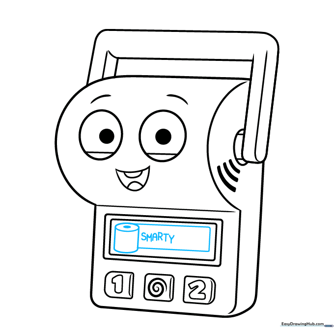 Drawing a toilet paper roll icon and the word SMARTY on the toy's screen.