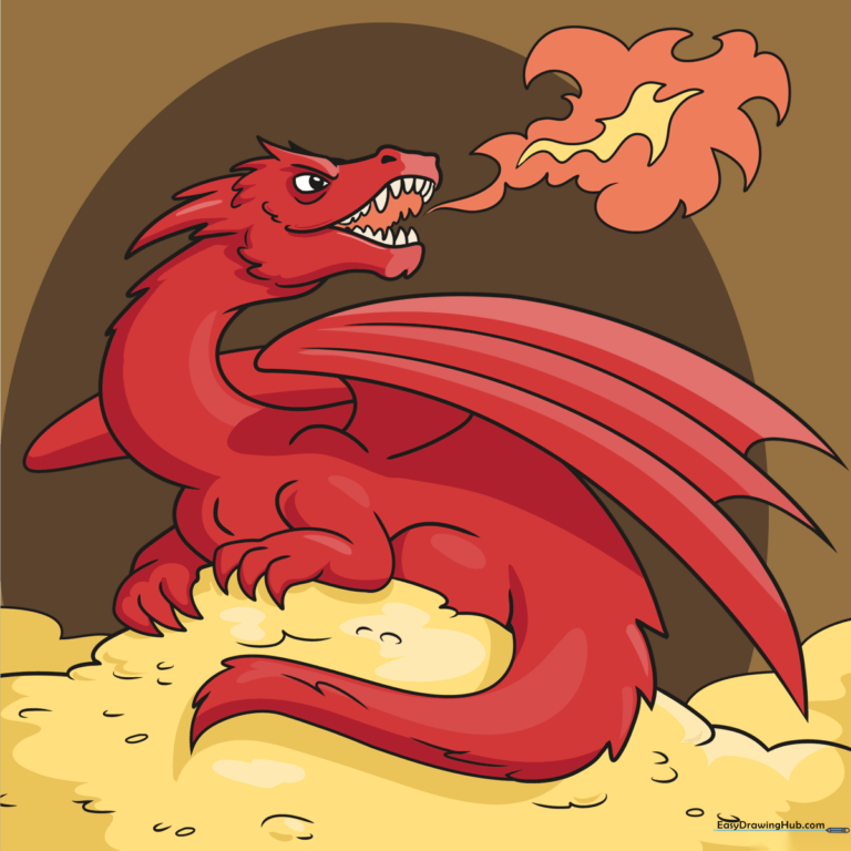 Full-color artistic rendering of a majestic dragon, Smaug, perched on a hoard of gold.