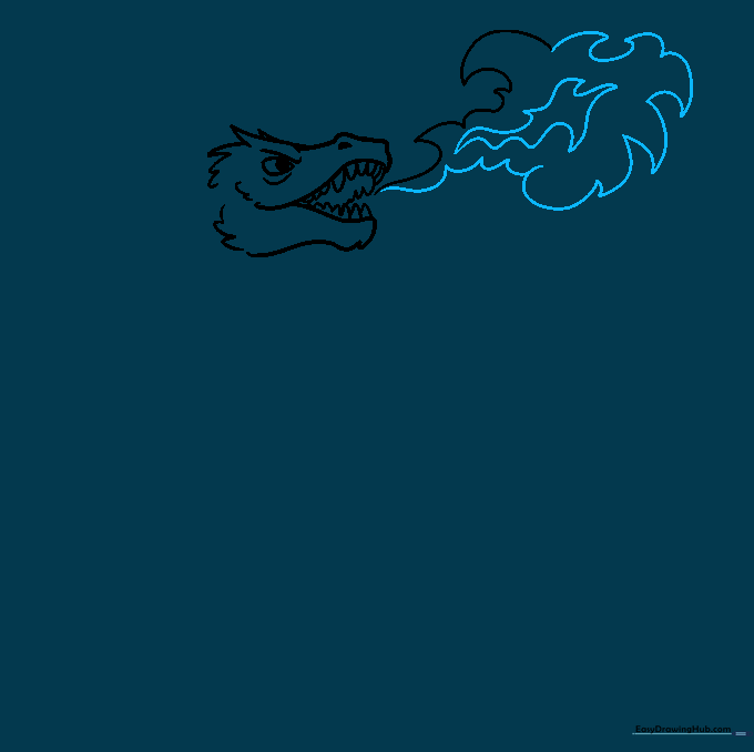 Detailed smoke clouds billowing from the dragon's mouth using jagged, organic lines.