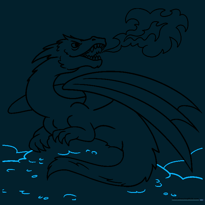 Dragon resting on a pile of treasure with coin textures indicated by small ovals.