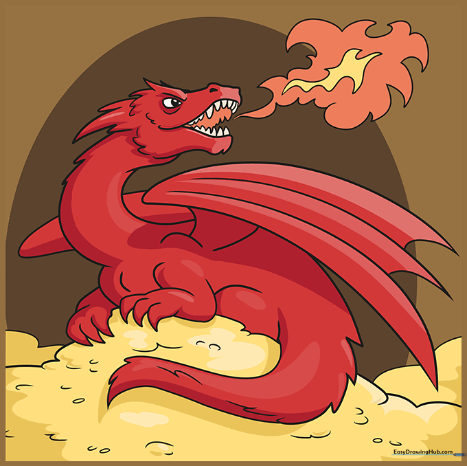 Finished, colored illustration of a red dragon guarding a pile of golden treasure.