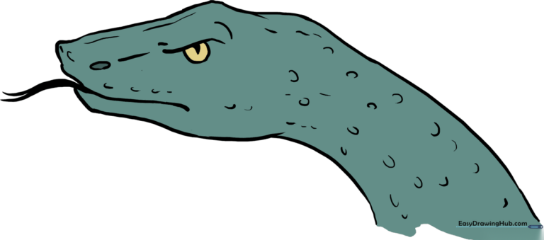 A colorful, finished illustration of a snake head, showcasing the final result of the tutorial.