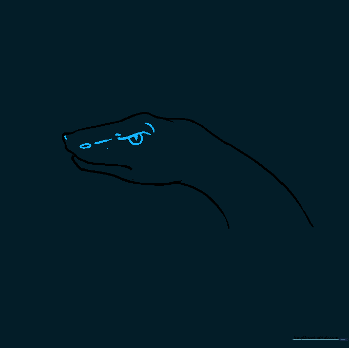 Adding detailed eye, nostril, and brow features to the snake's face.