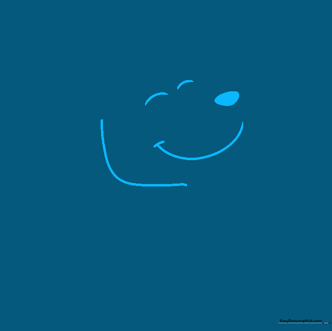 Close-up pencil sketch of Snoopy's face showing a wide smile, closed eyes, and a rounded nose.