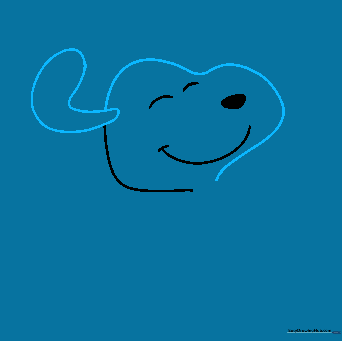 Snoopy's head outline with the first large, floppy ear added to the side.