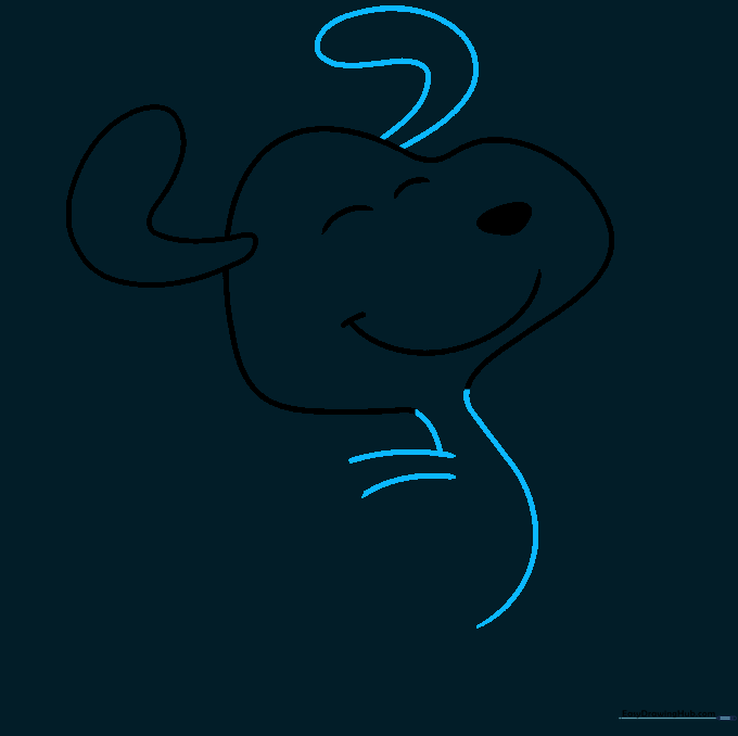 Snoopy's head with both ears drawn and the initial lines for his neck and arm.