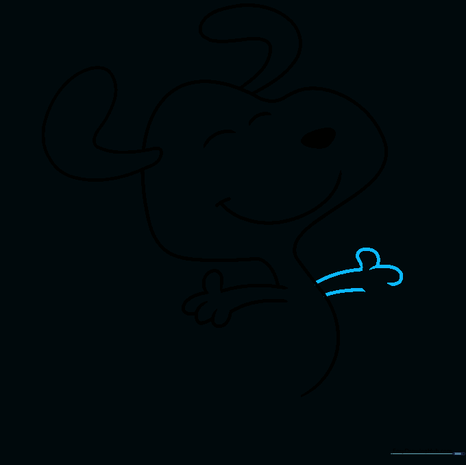 Snoopy's body with both arms now sketched in a dancing pose.