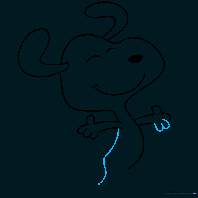 Snoopy's back and rear leg outline being drawn with a long curved line.