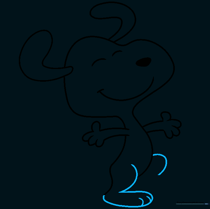 Snoopy's legs and feet being drawn with toe details.