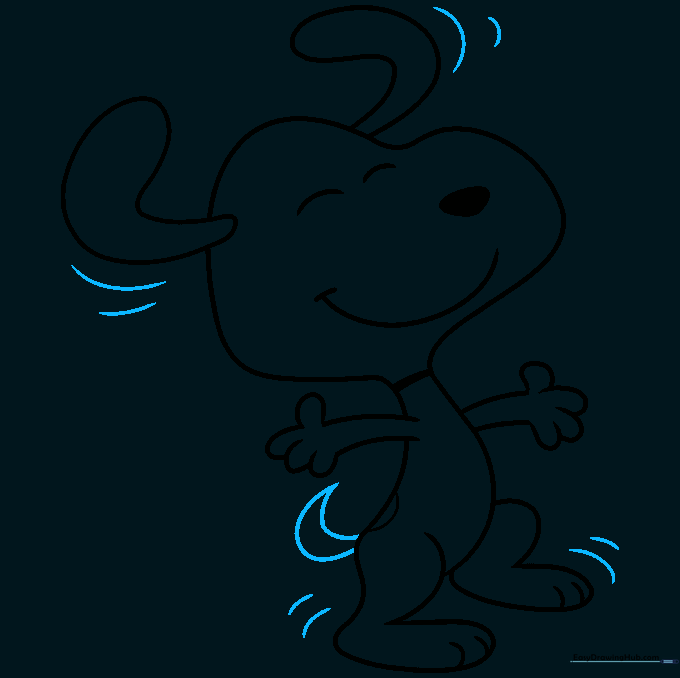 Snoopy with his tail and motion lines added to complete the dancing effect.