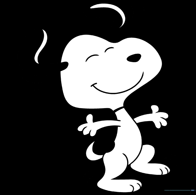 The final colored drawing of dancing Snoopy with his classic white body, black ears, and red collar.