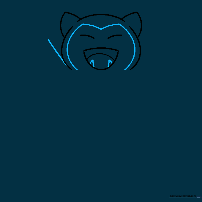 Drawing the M-shaped facial mask and small teeth inside the mouth.