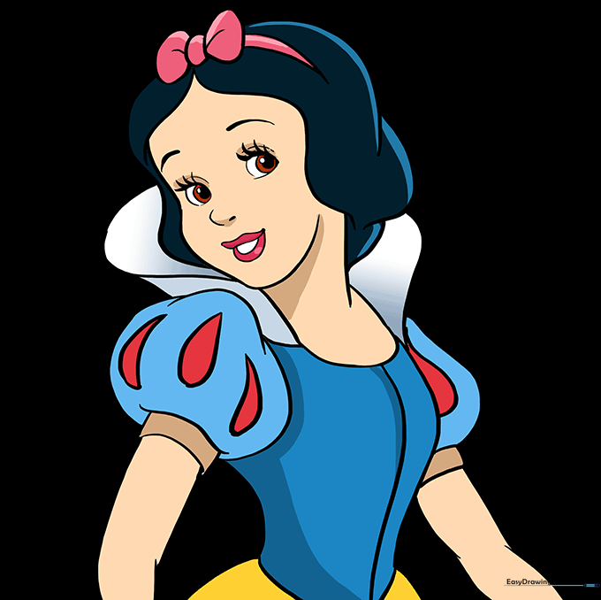 Final colored drawing of Snow White with her iconic dress colors.