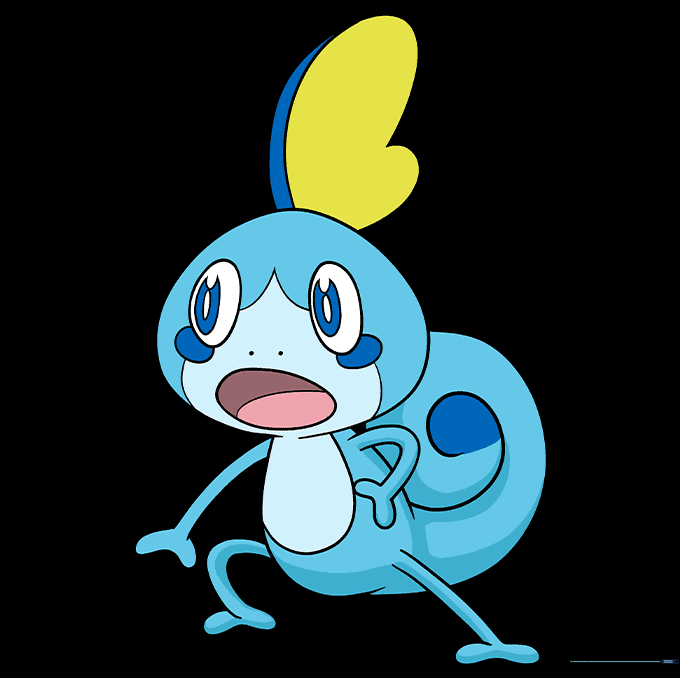 The final colored drawing of Sobble with light blue skin, dark blue spots, and a yellow fin.