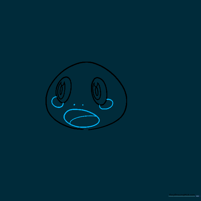 Drawing of Sobble's face showing the addition of cheeks, a wide open mouth, and small nostrils.