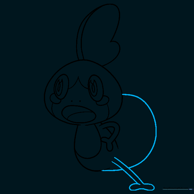 Drawing of Sobble's tail and one leg with a peanut-shaped foot.