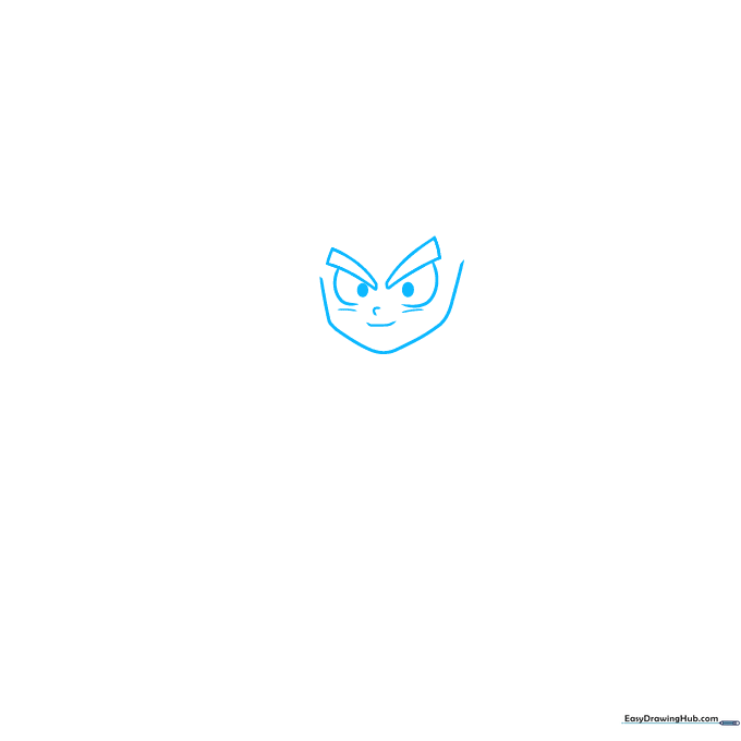 Pencil sketch of Son Goku's face showing the chin, eyes, and mouth structure.