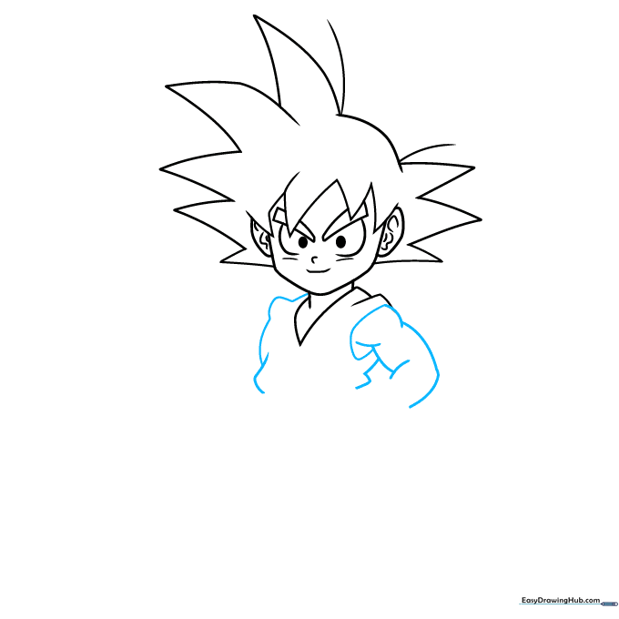Sketching the torso and arms of the character.