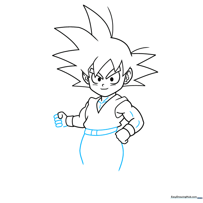 Adding the belt, leg outlines, and muscle definition to the torso.