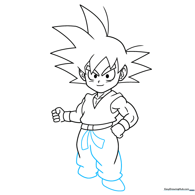 Drawing the pants and the first foot of the character.