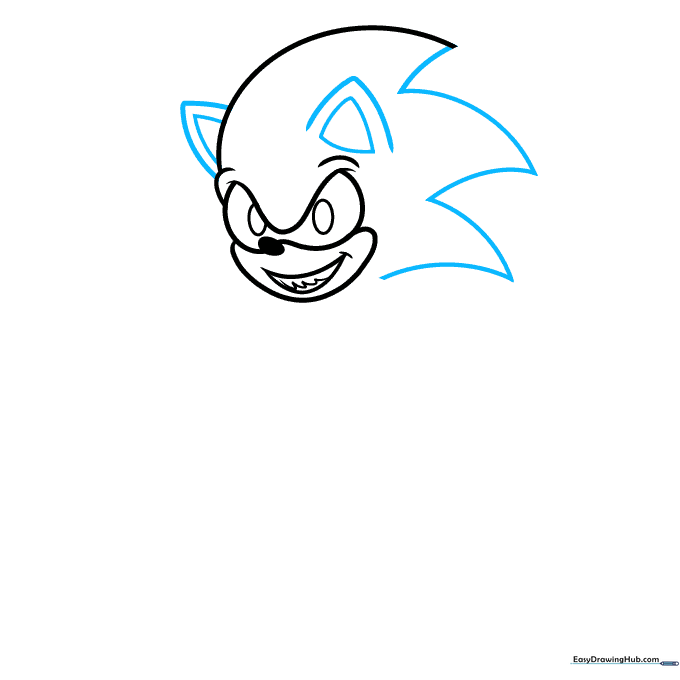 Adding triangular ear shapes to the top of the Sonic.EXE head sketch.