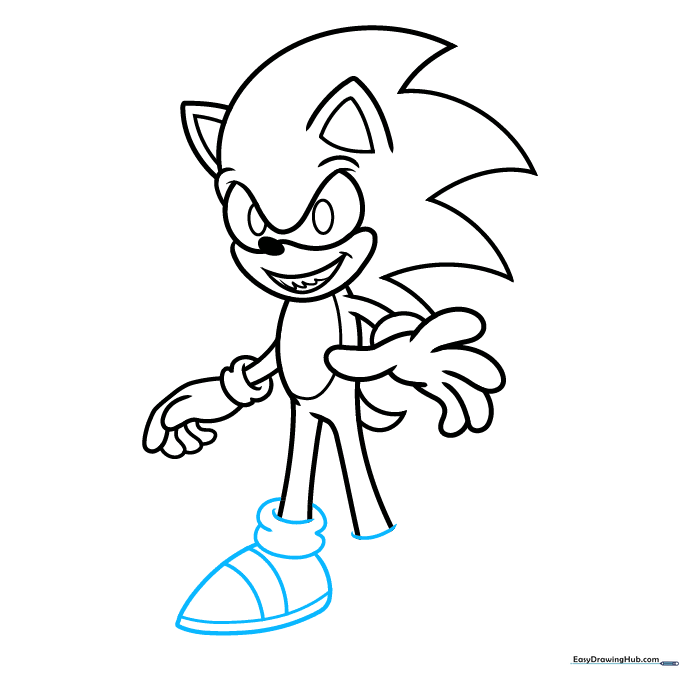 Drawing the large, rounded shoes on the Sonic.EXE character.