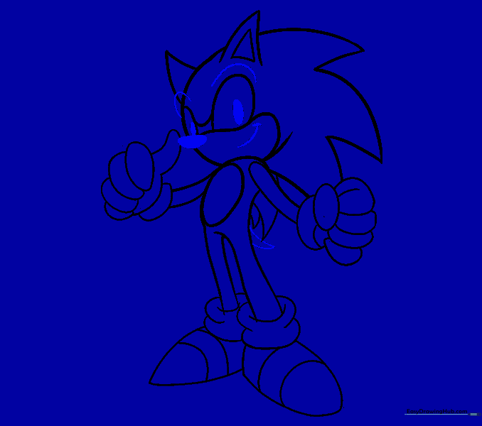 Sonic's facial features and tail added to the drawing.