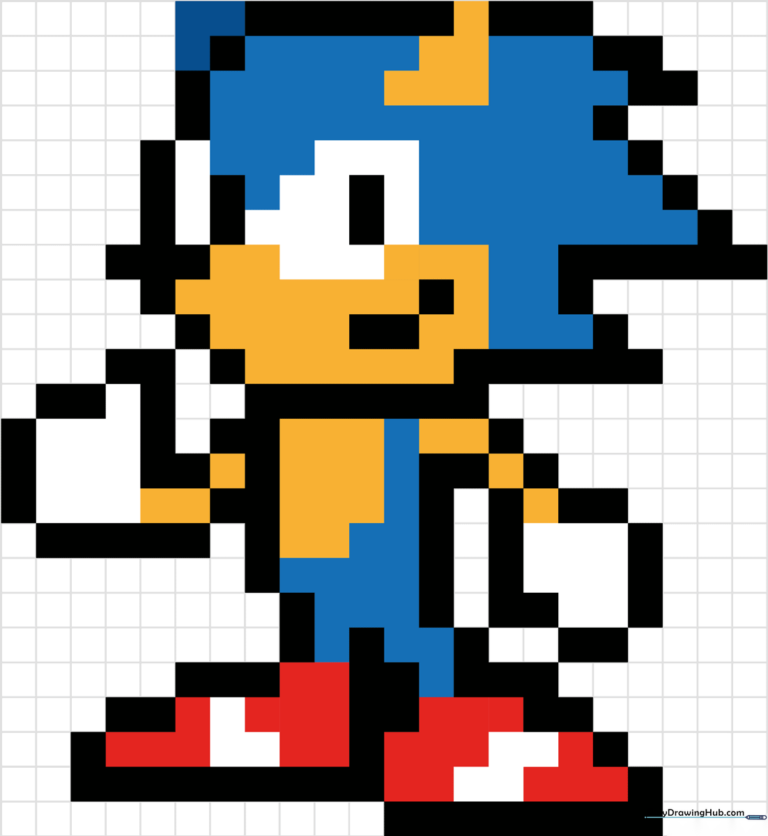 A vibrant, completed pixel art drawing of Sonic the Hedgehog on grid paper.