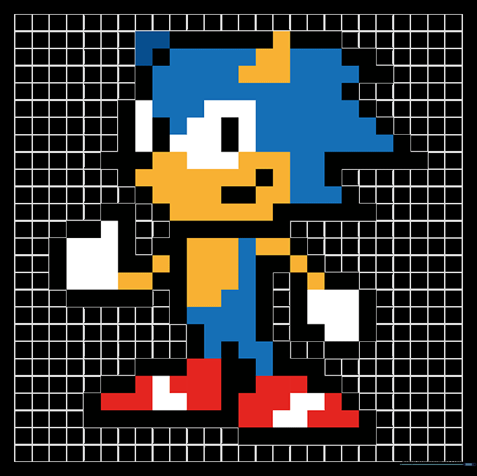 The finished, fully colored Sonic the Hedgehog pixel art character.