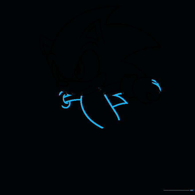 Drawing step showing the torso and arms being added to the character.