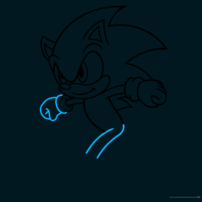 Drawing step showing the leg placement and wrist detail for the running pose.