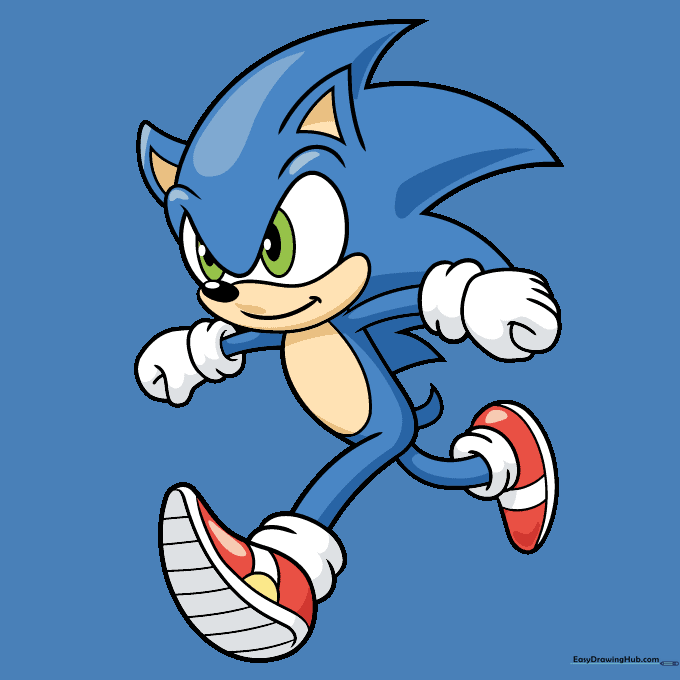 Final colored drawing of Sonic the Hedgehog running.